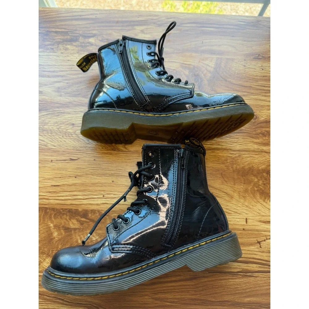 Dr. Martens Delaney Black Patent Leather Lace Up Zip Boots Kids US 3